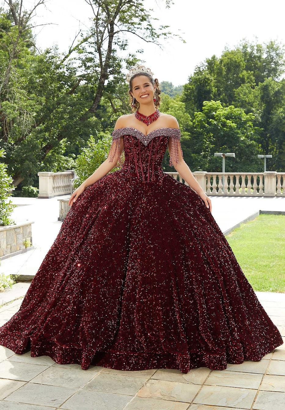 11295 | Allover Sequin Velvet Quinceañera Dress with Beaded Fringe