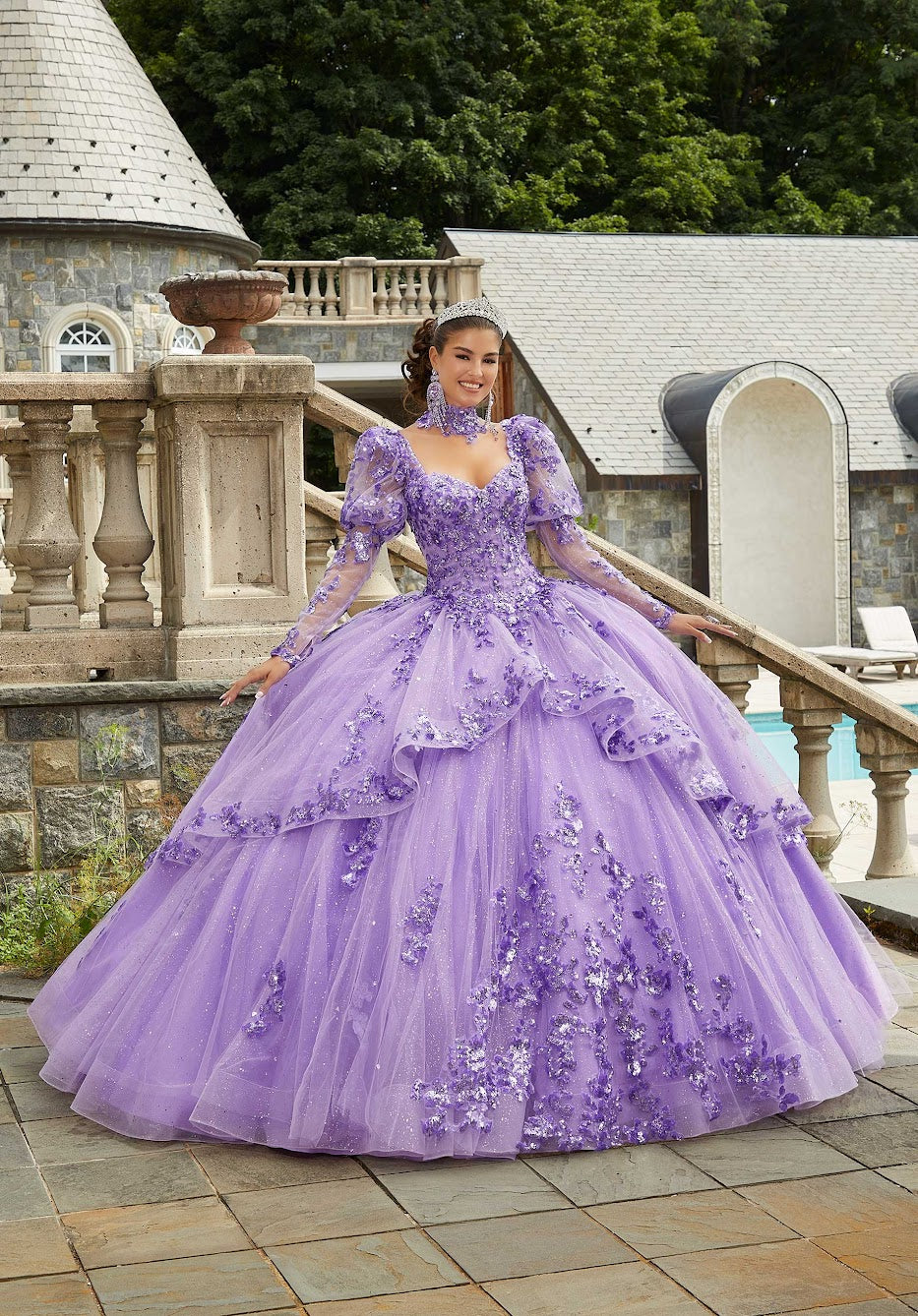 11292 | Sparkle Tulle Quinceañera Dress with Long Pouf Sleeves
