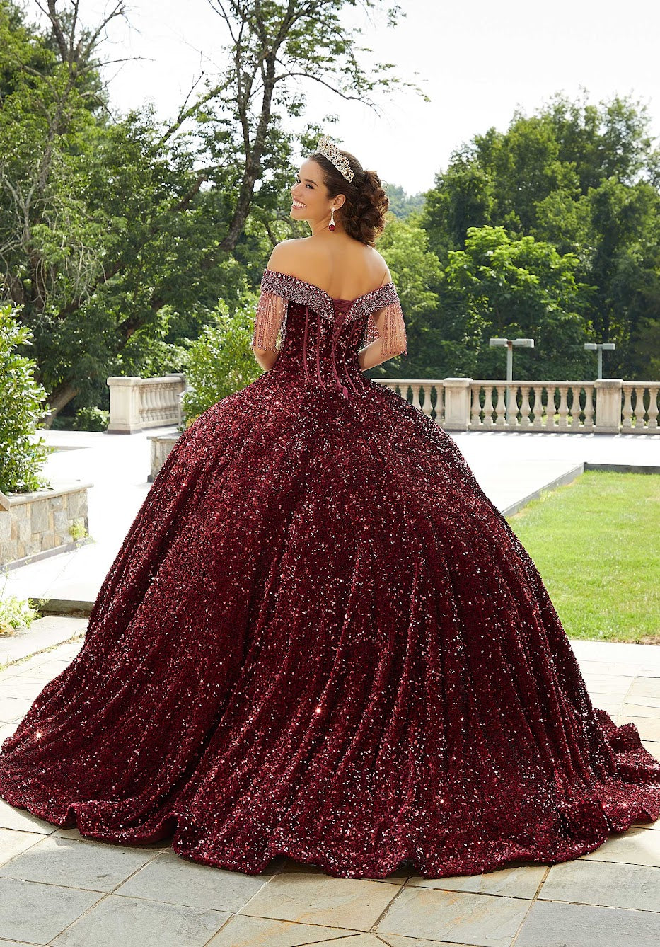 11295 | Allover Sequin Velvet Quinceañera Dress with Beaded Fringe