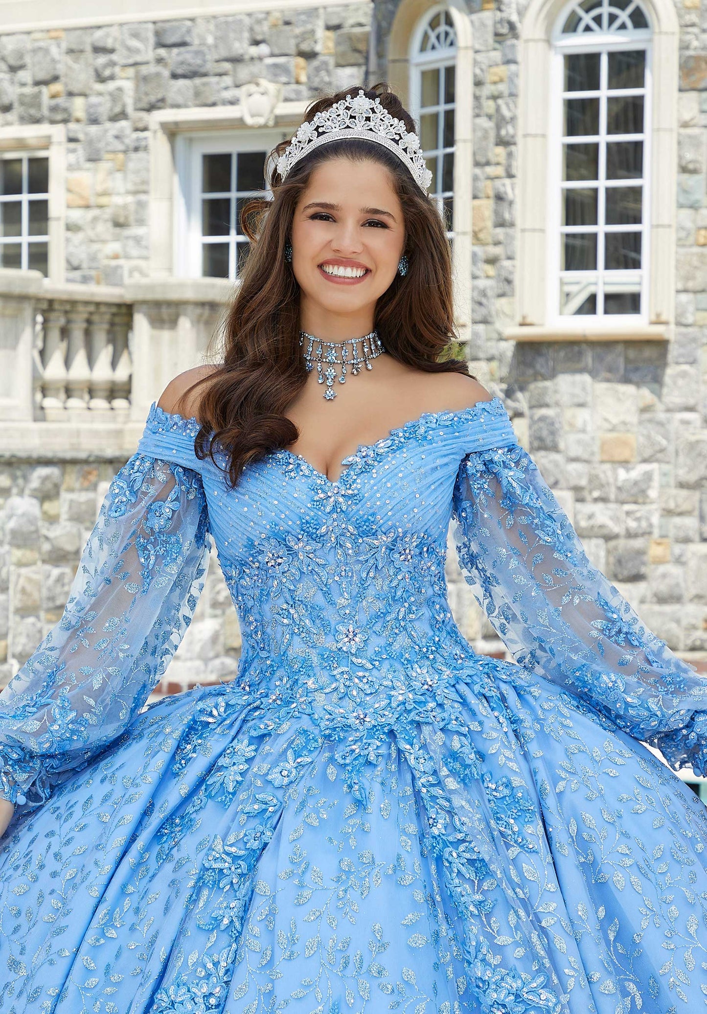 11290 | Patterned Glitter Tulle Quinceañera Dress with Bishop Sleeves