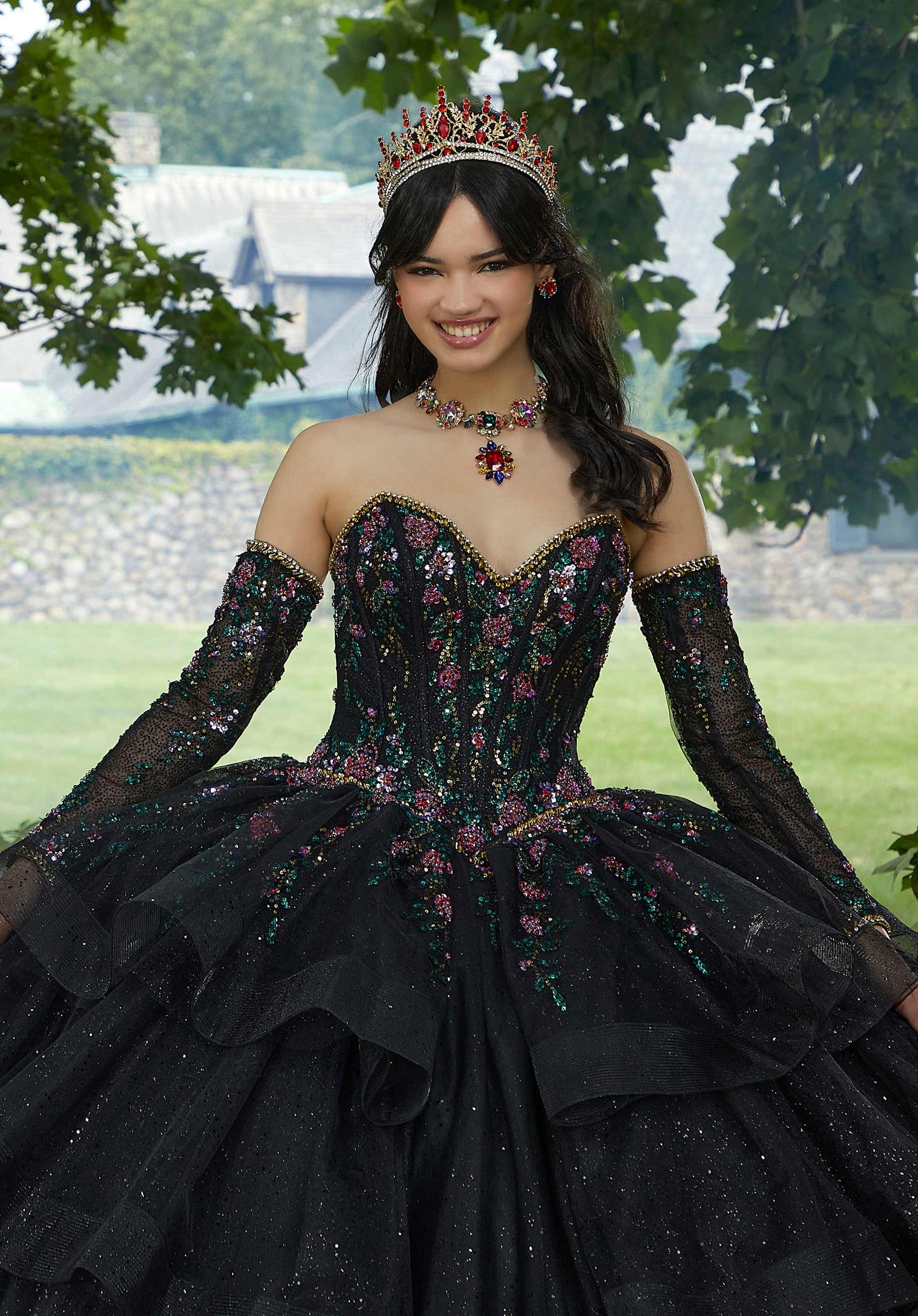 11892 | Contrasting Floral Beaded Quinceanera Dress
