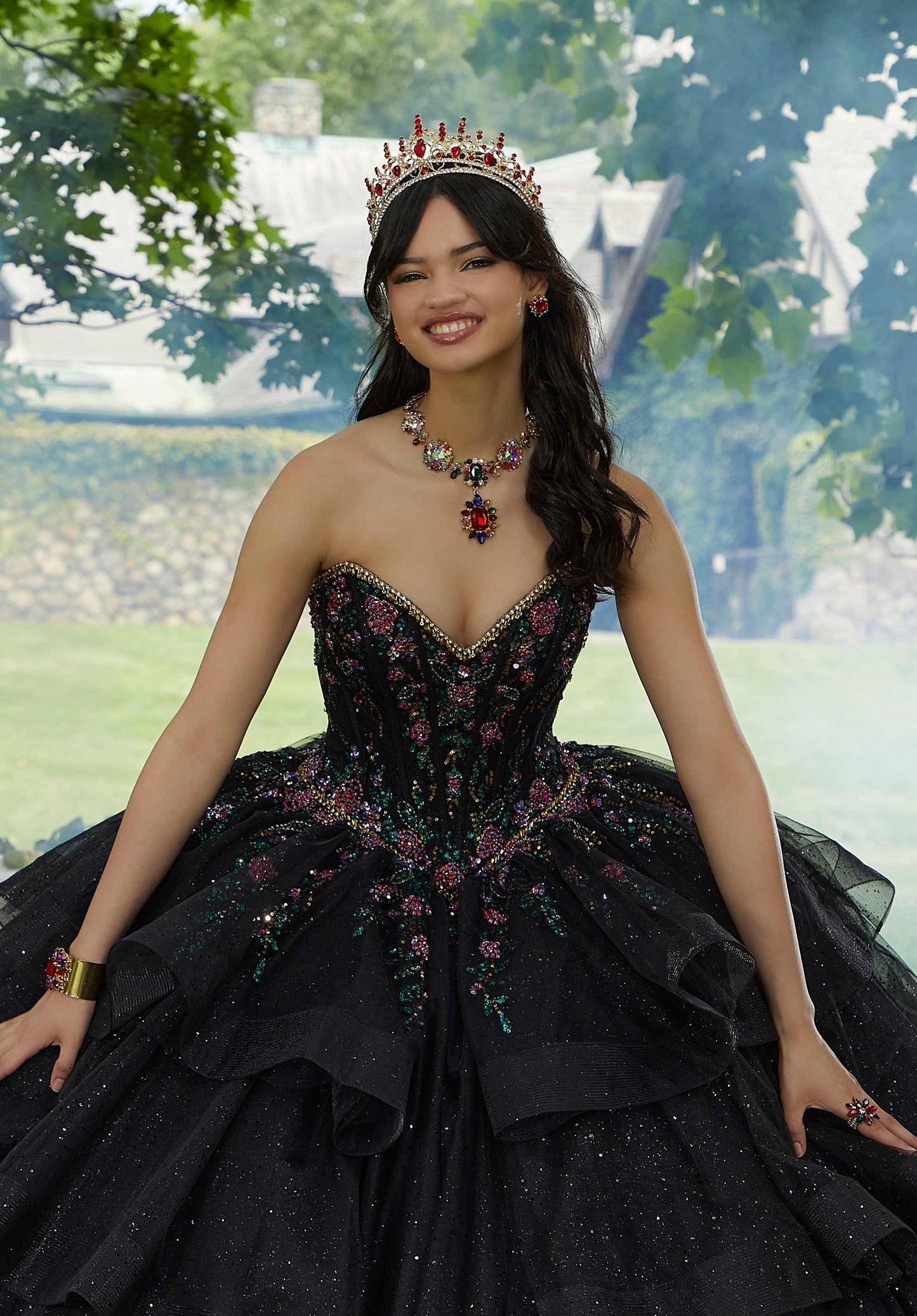 11892 | Contrasting Floral Beaded Quinceanera Dress