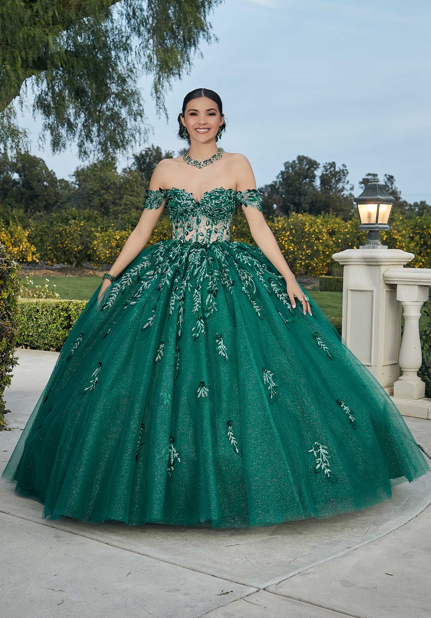 11737 | Three-Dimensional Floral Glitter Embroidery with Crystal Beading Quinceanera Dress