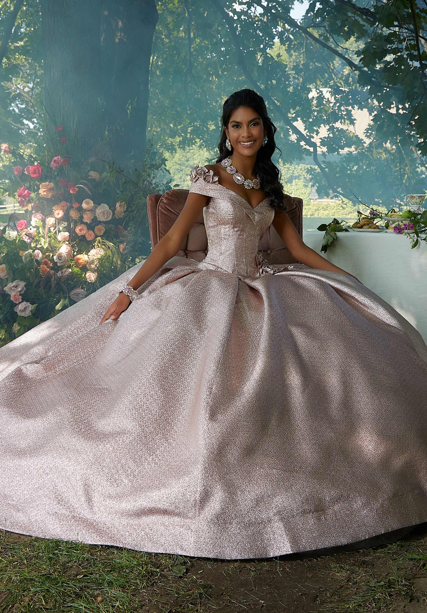 11887 | Three-Dimensional Flowers on a Pleated Shimmer Quinceanera Dress