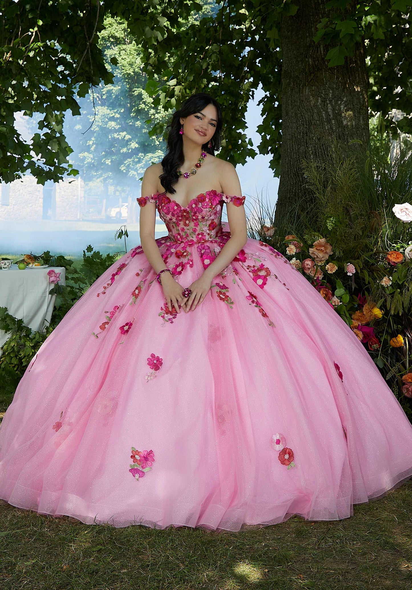 11888 | Crystal Beaded three-Dimensional Floral Lace Quinceanera Dress