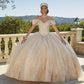 11728 | Rhinestone and Crystal Beading on a Tulle Over Patterned Glitter Quinceanera Dress