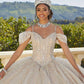 11728 | Rhinestone and Crystal Beading on a Tulle Over Patterned Glitter Quinceanera Dress