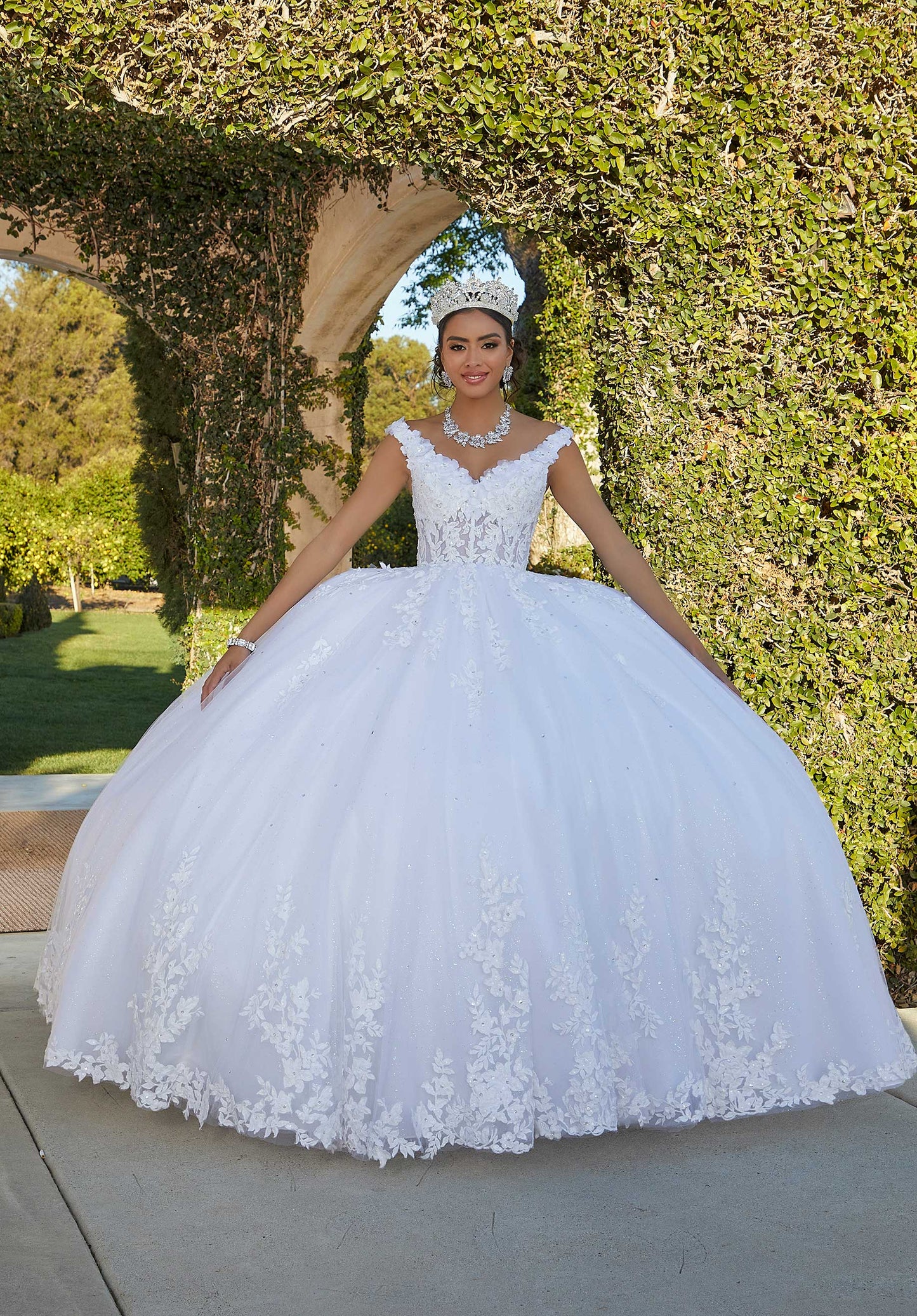 11730 | Three-Dimensional Floral Lace Appliqués with Crystal Beading Quinceanera Dress