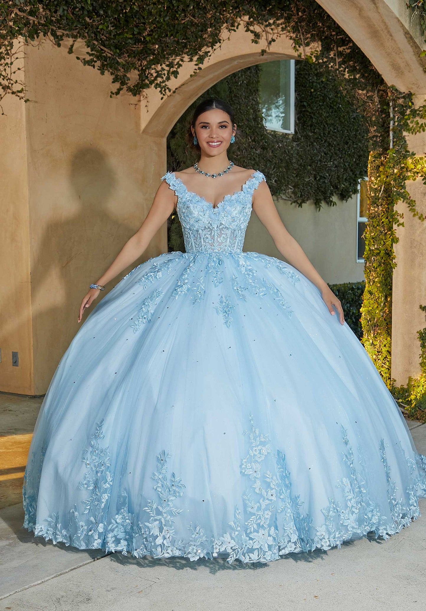 11730 | Three-Dimensional Floral Lace Appliqués with Crystal Beading Quinceanera Dress