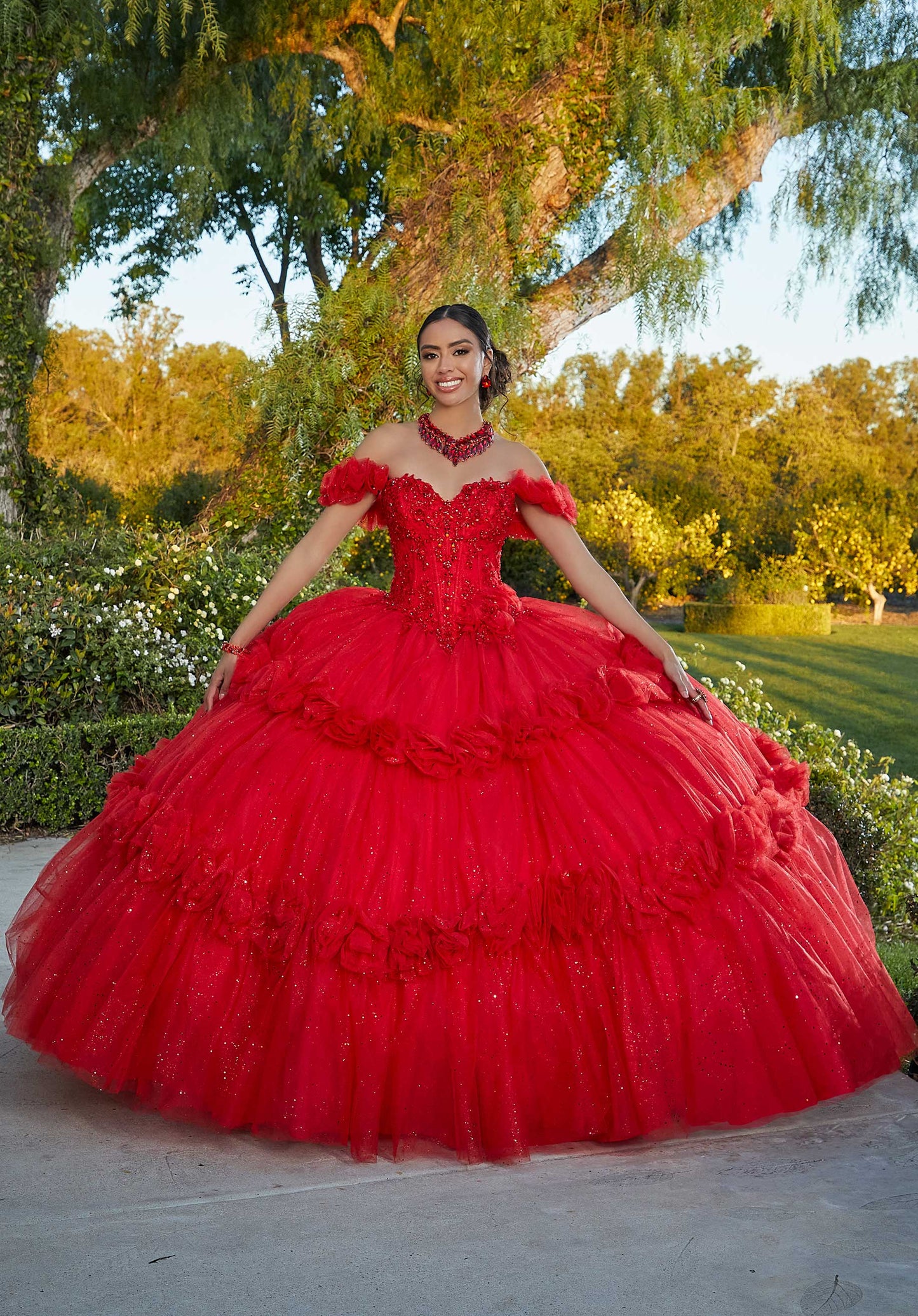 11731 | Crystal Beaded, Floral Embroidery on Chantilly Lace Bodice Quinceanera Dress