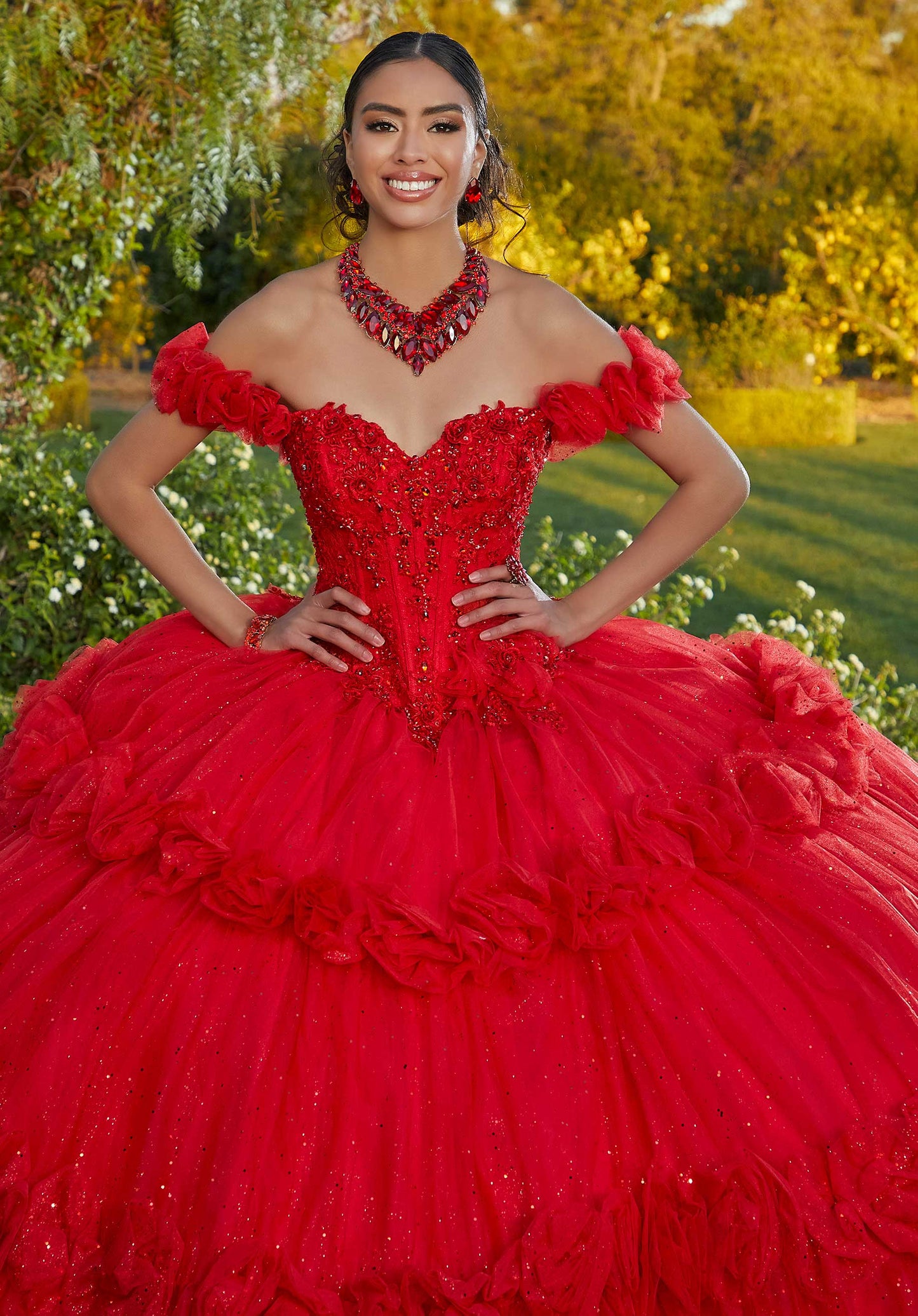 11731 | Crystal Beaded, Floral Embroidery on Chantilly Lace Bodice Quinceanera Dress