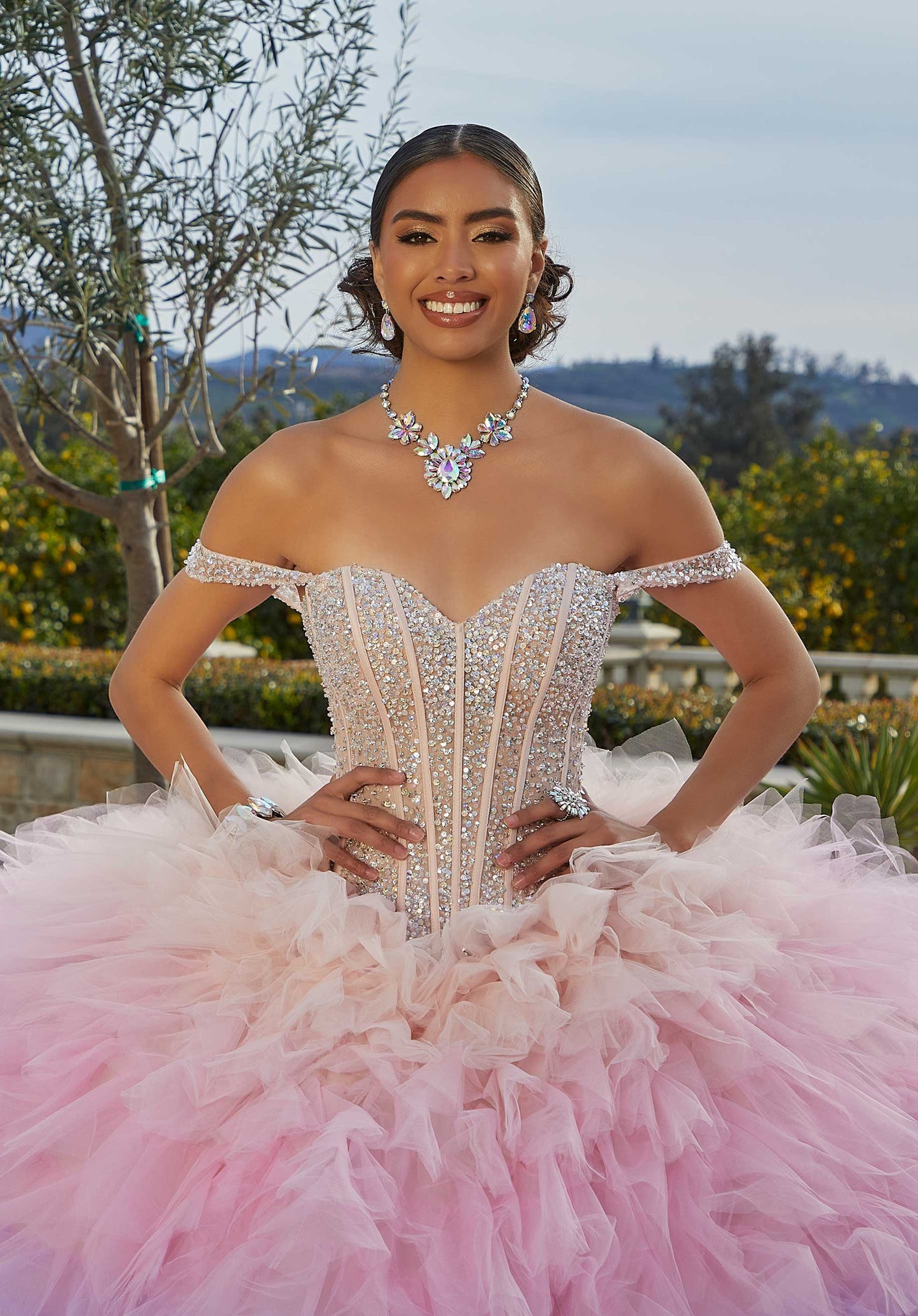 11736 | Allover Crystal Beaded Bodice on a Ruffled Tulle Quinceanera Dress