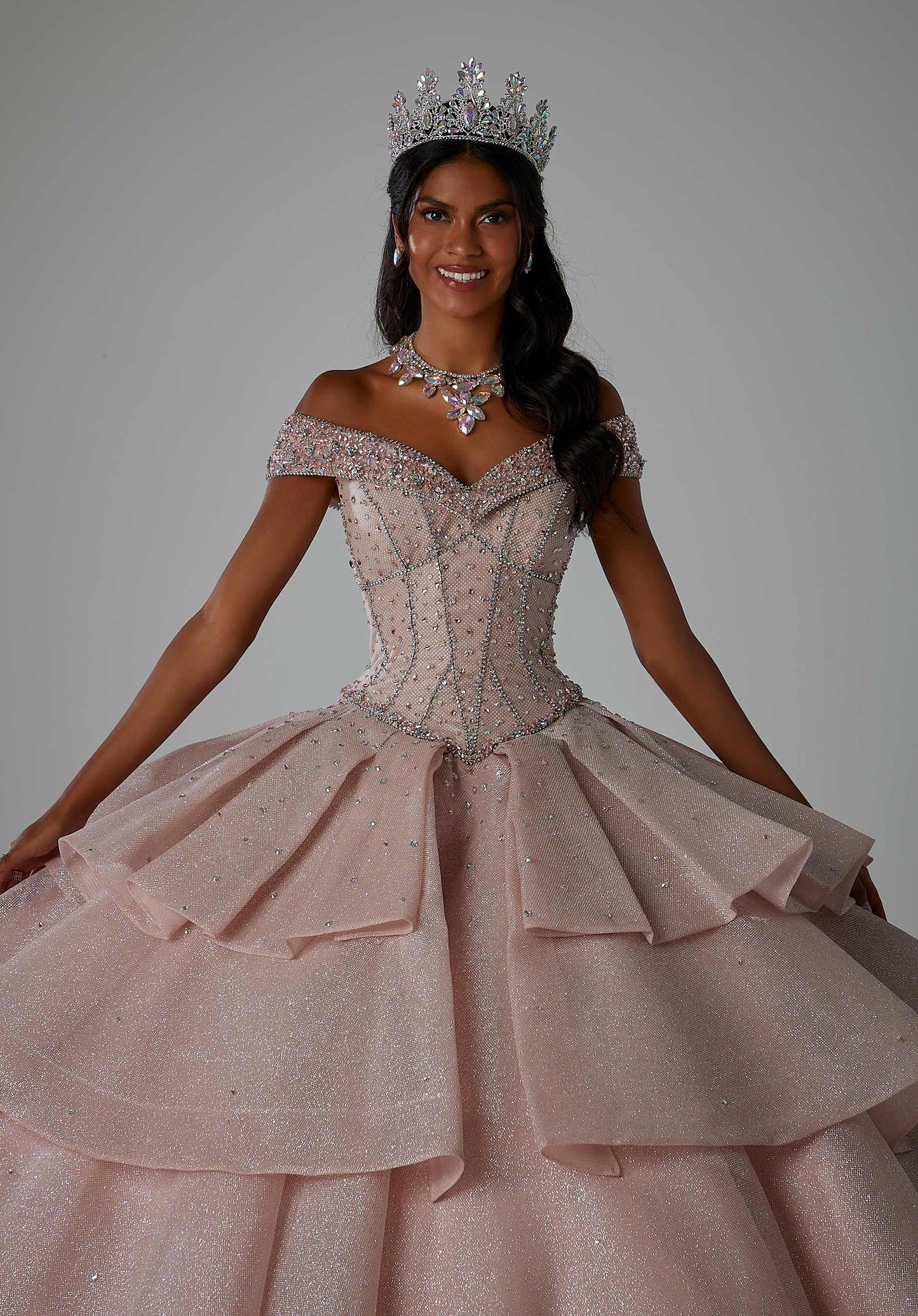 11868 | Rhinestone and Crystal Beading on a Textured Glitter Net Quinceanera Dress