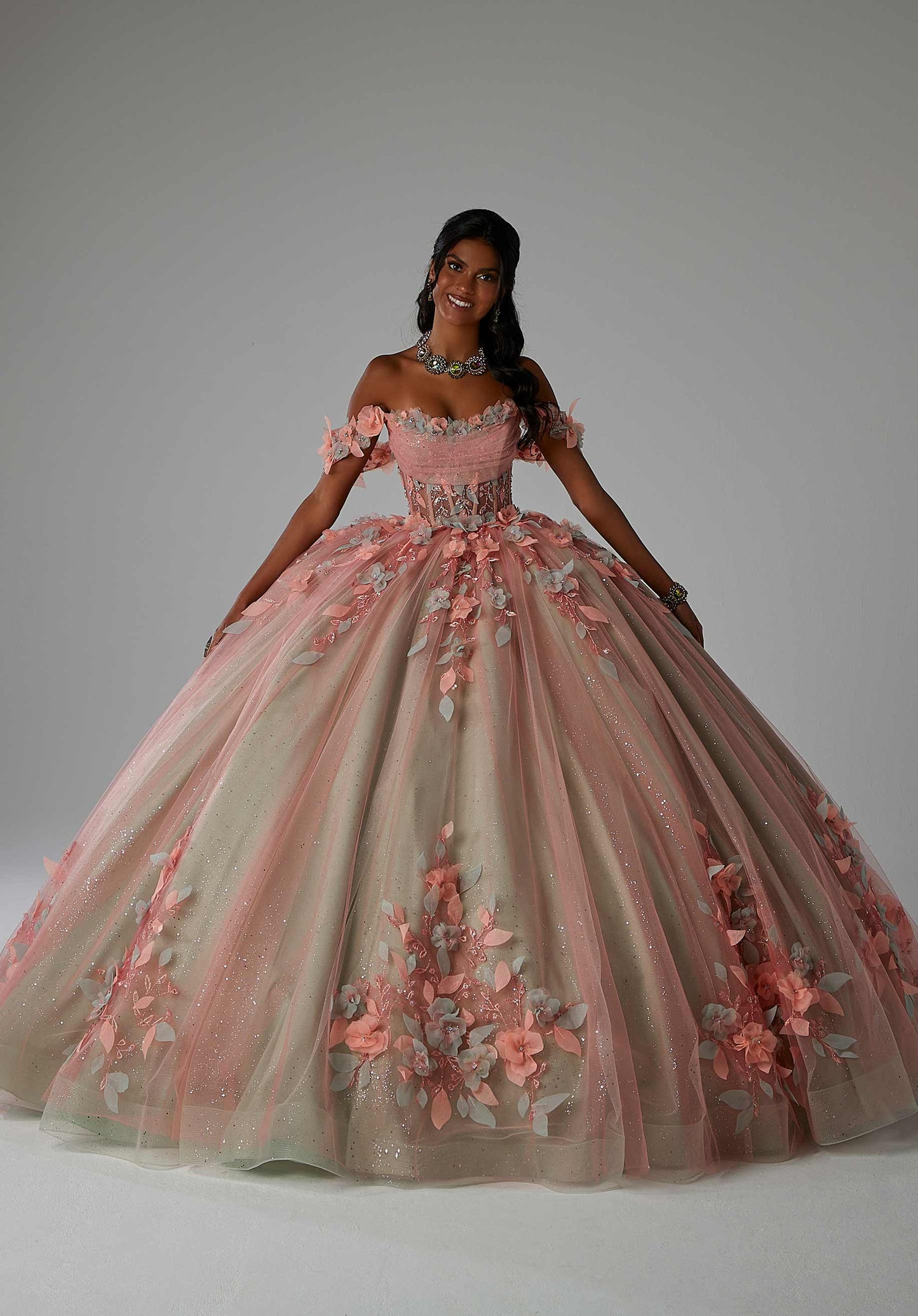 11869 | Three-Dimensional Floral Embroidery with Crystal Beading on a Tulle Over Sparkle Tulle Ball Gown with Sheer Bodice Quinceanera Dress