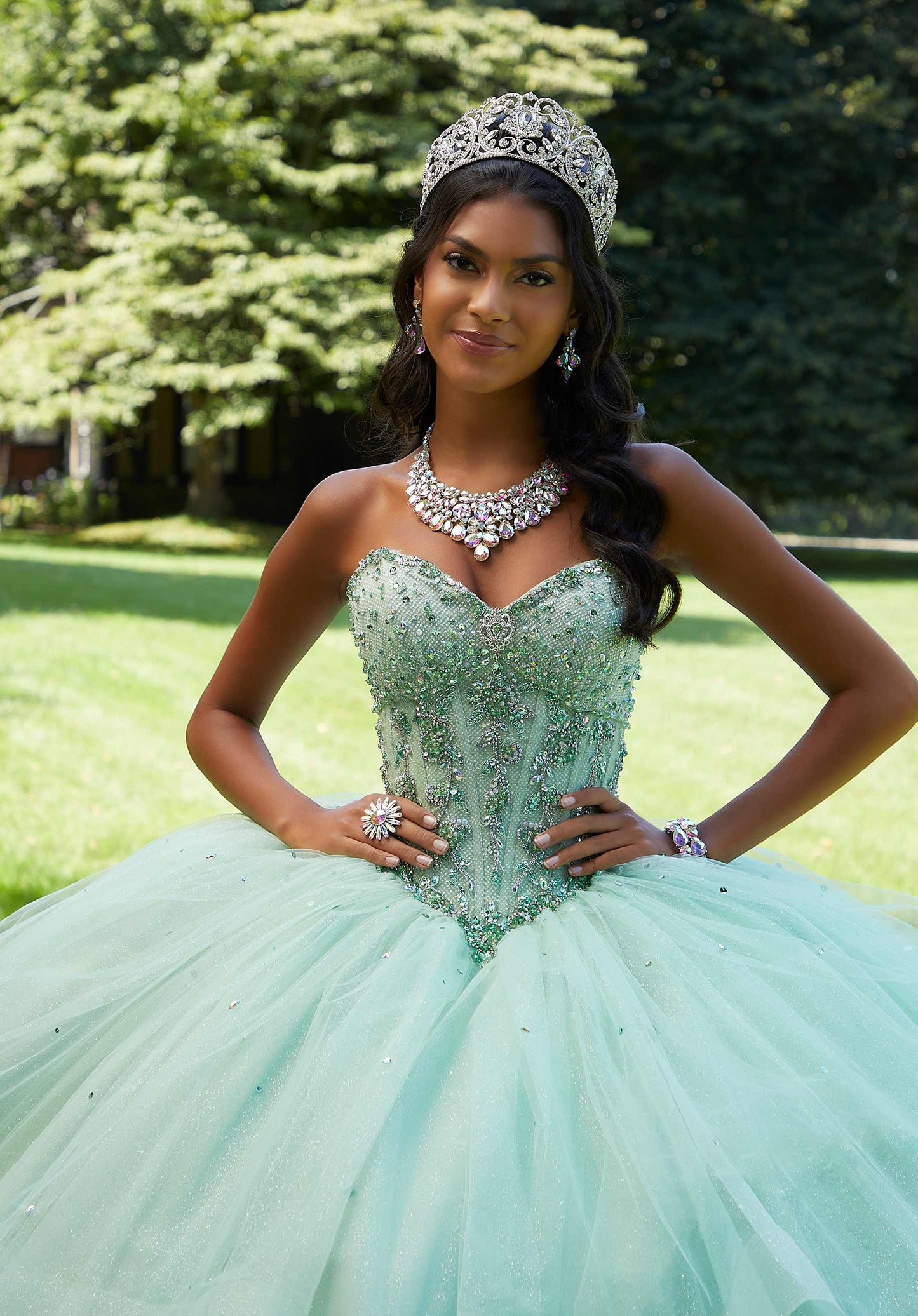 11870 | Rhinestone and Crystal Beading on a Tulle Over Sparkle Quinceanera Dress