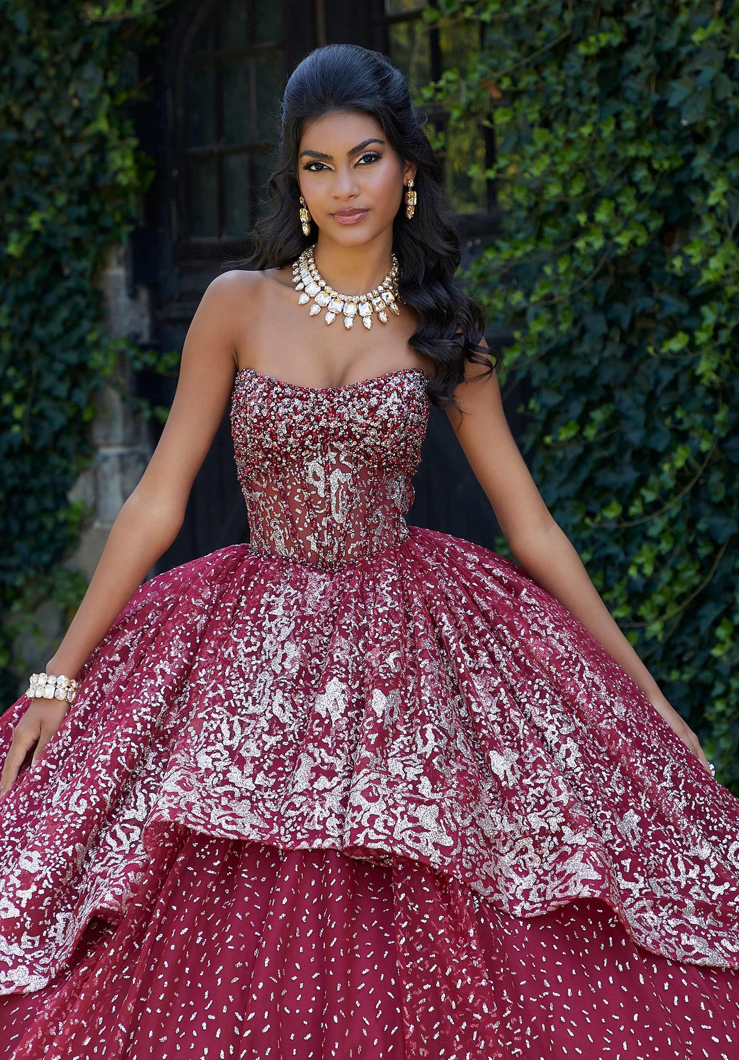 11873 | Crystal Beading on a Patterned Glitter Tulle Ball Gown with Edged Skirt Overlay Quinceanera Dress