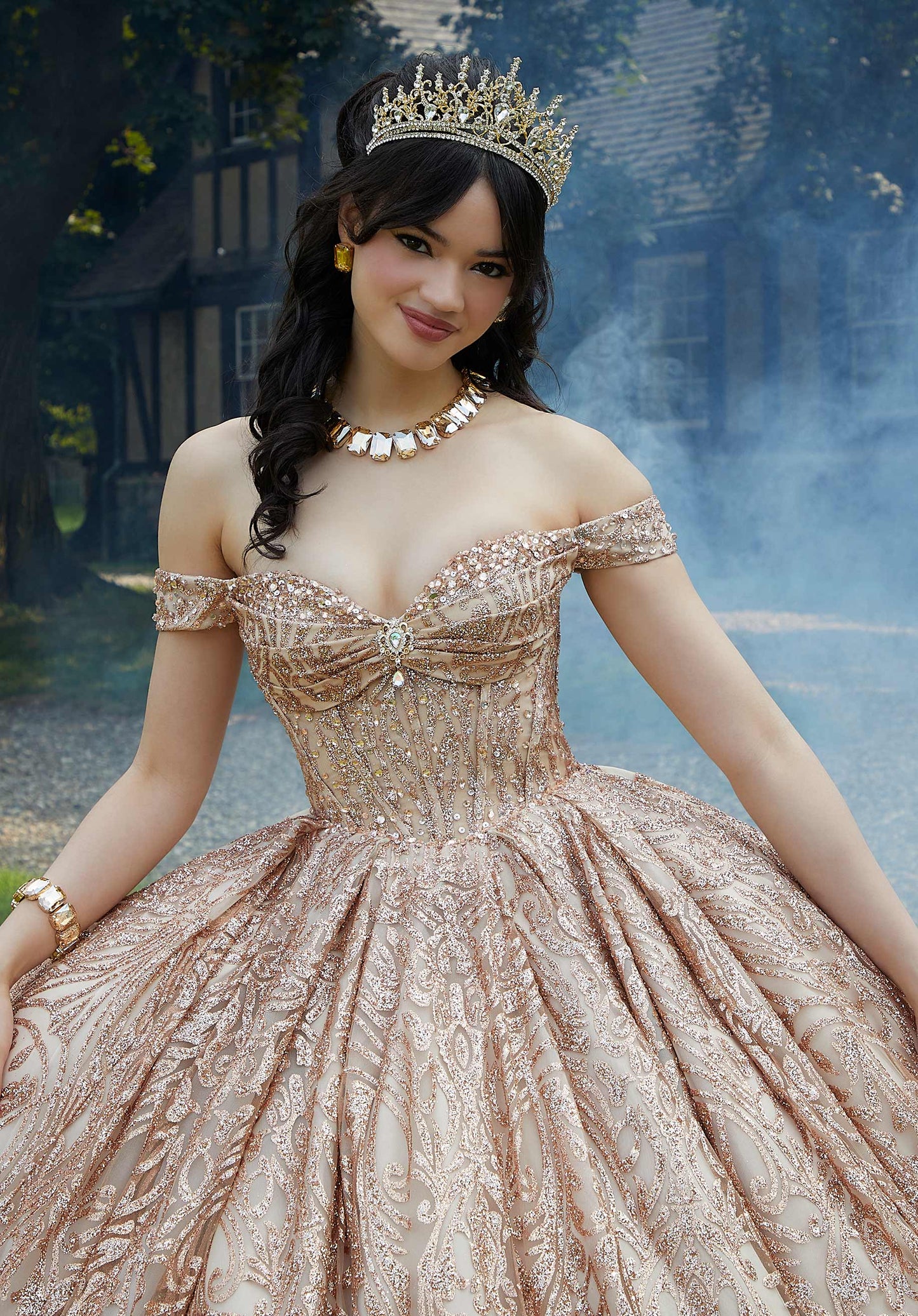 11876 | Jeweled Beading on a Patterned Glitter Quinceanera Dress
