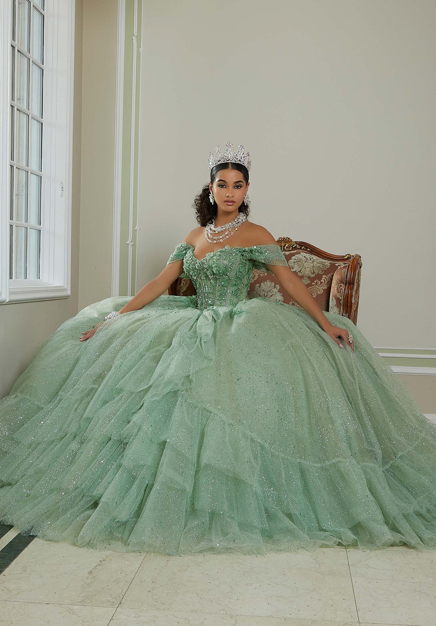 12118 | Floral Lace Quinceanera Dress