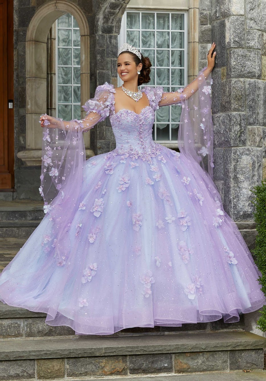 11279 | Glitter Tulle Quinceañera Dress with Three-Dimensional Floral Appliqués