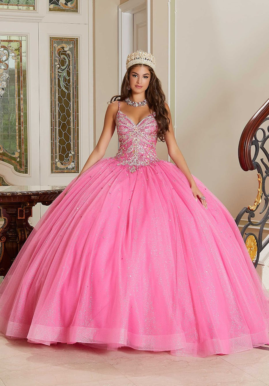 11300 Rhinestone and Crystal Beaded Quincea era Dress with Bow