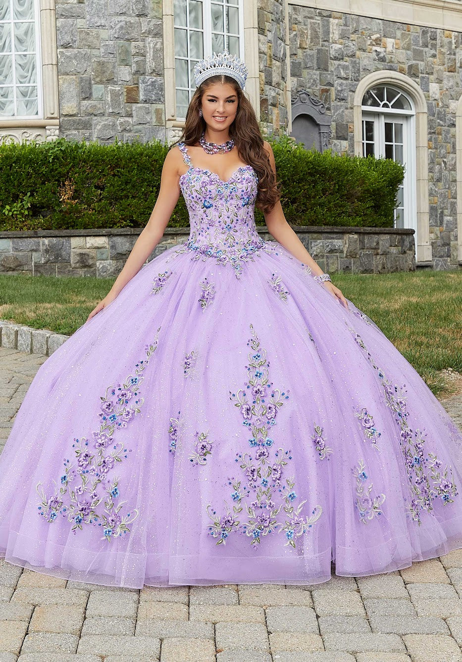 11287 | Crystal Beaded Contrasting Floral Embroidered Quinceañera Dress