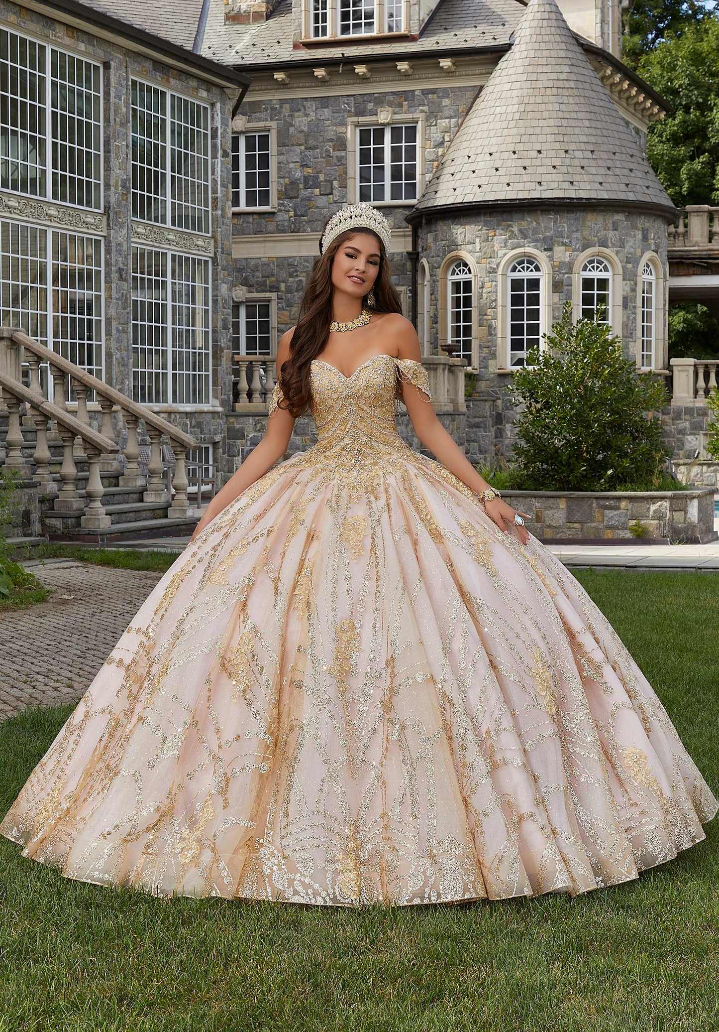 11278 | Patterned Glitter Quinceañera Dress with Chandelier Beading