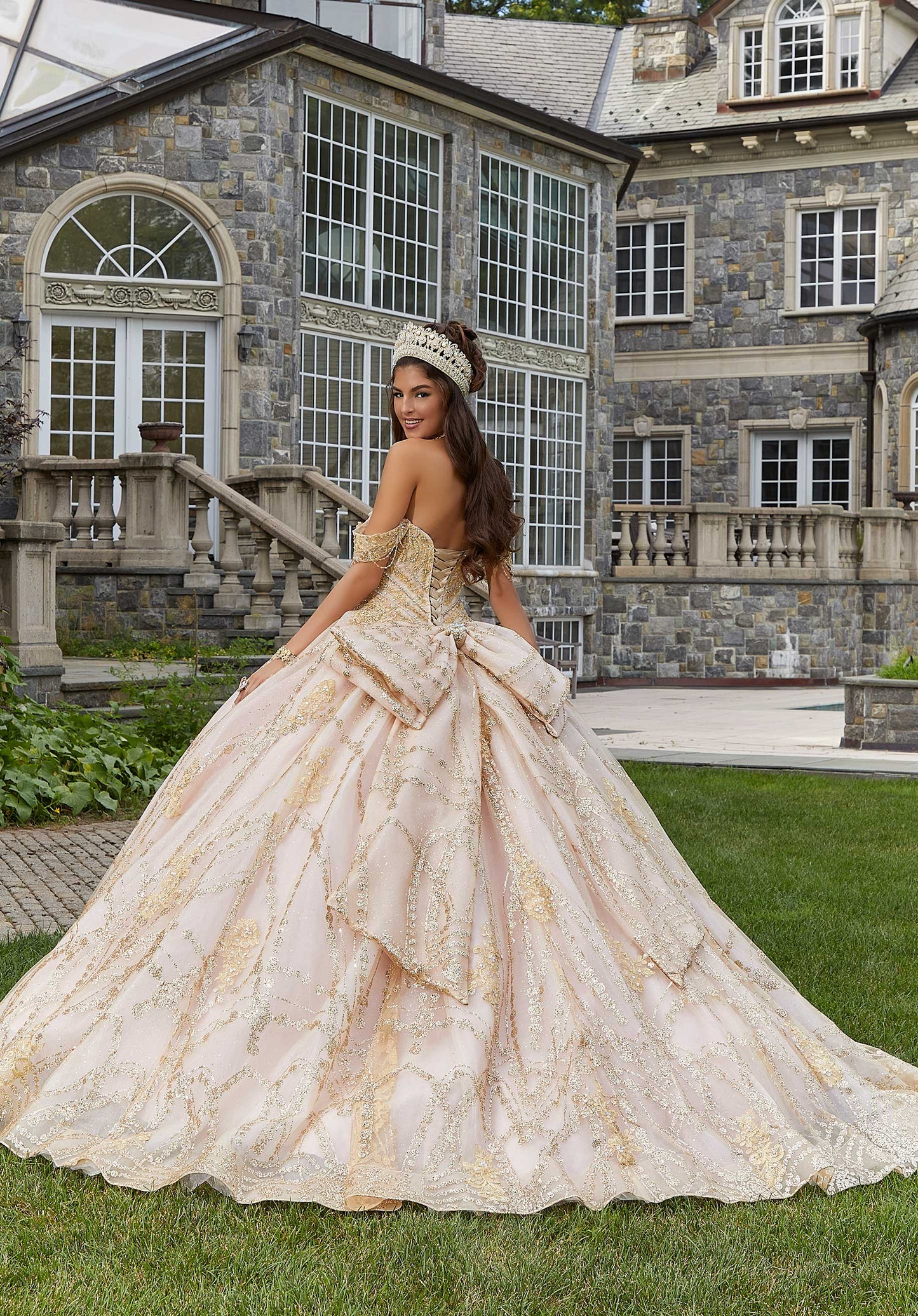11278 | Patterned Glitter Quinceañera Dress with Chandelier Beading