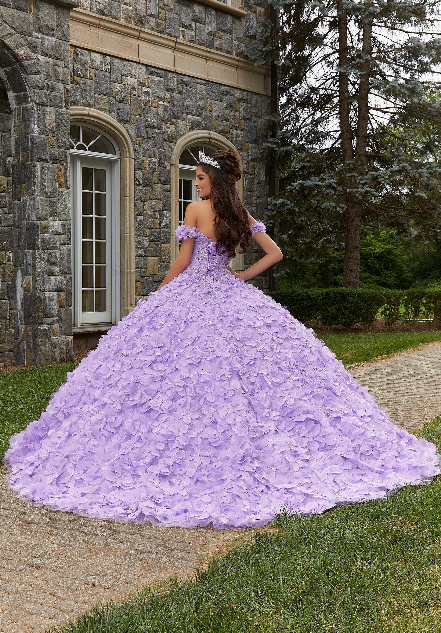 11282 | Crystal Beaded Lace Quinceañera Dress with Floral Skirt