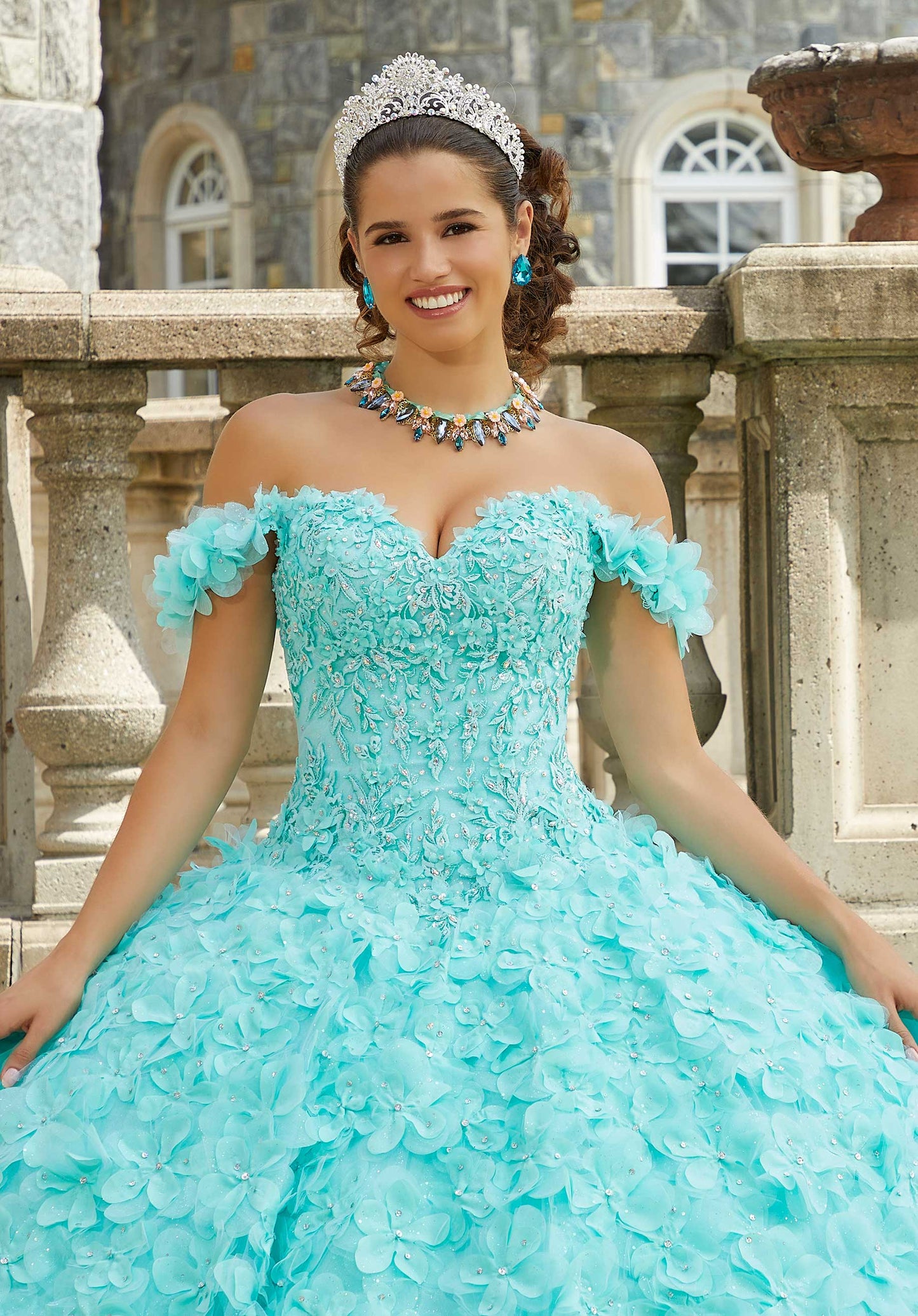 11282 | Crystal Beaded Lace Quinceañera Dress with Floral Skirt