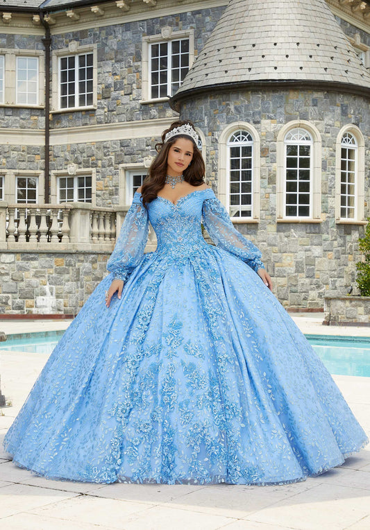 11290 | Patterned Glitter Tulle Quinceañera Dress with Bishop Sleeves