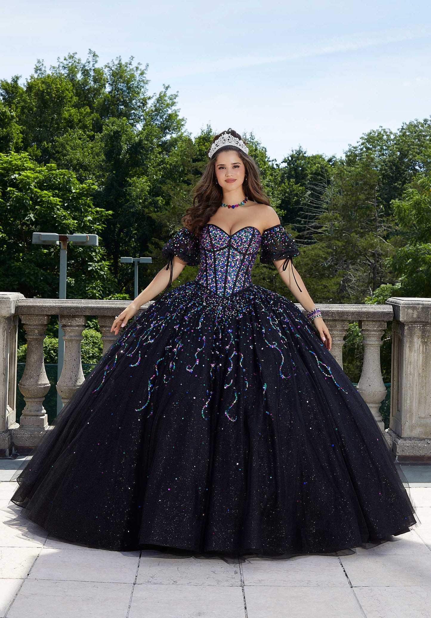11290  Patterned Glitter Tulle Quinceañera Dress with Bishop Sleeves –  Princess Paradise