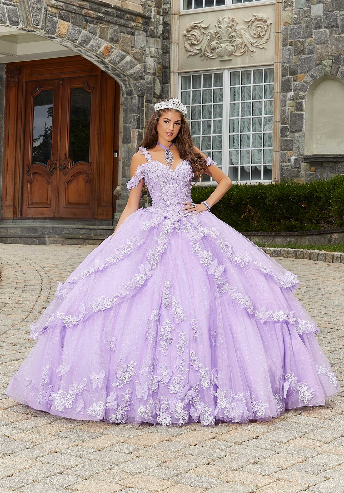 11289 | Metallic Embroidered Quinceañera Dress with Three-Dimensional Butterflies