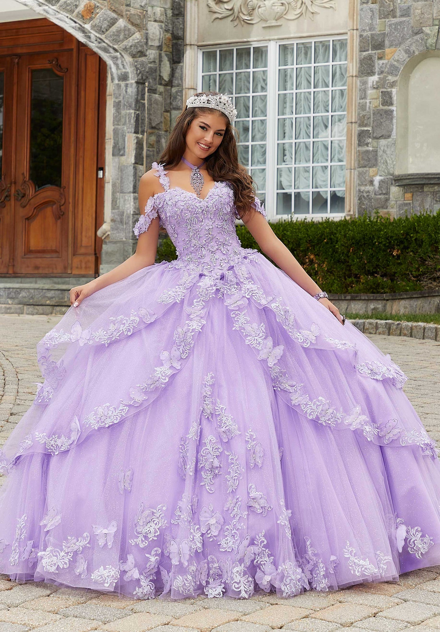 11289 | Metallic Embroidered Quinceañera Dress with Three-Dimensional Butterflies