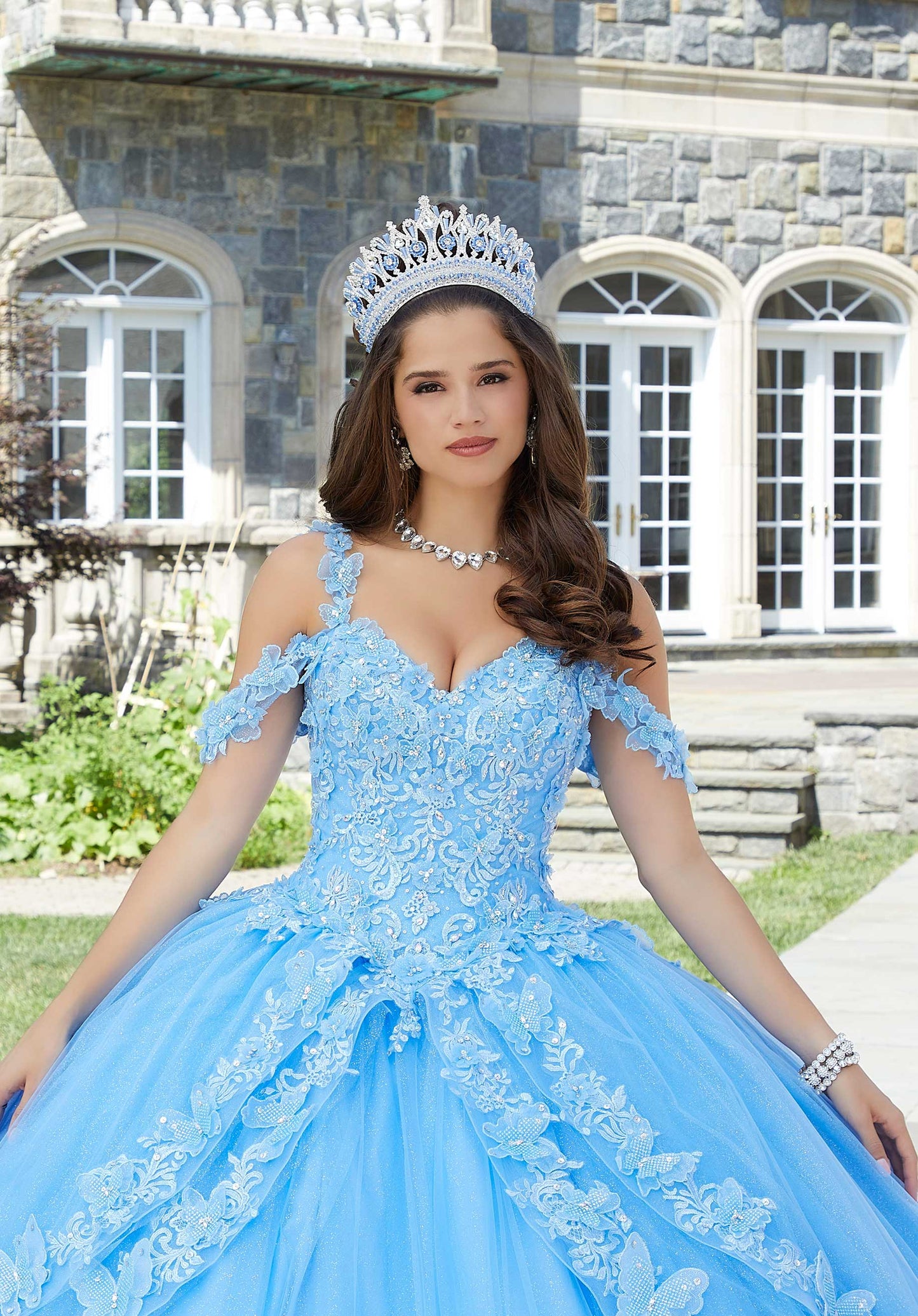 11279  Glitter Tulle Quinceañera Dress with Three-Dimensional Floral –  Princess Paradise