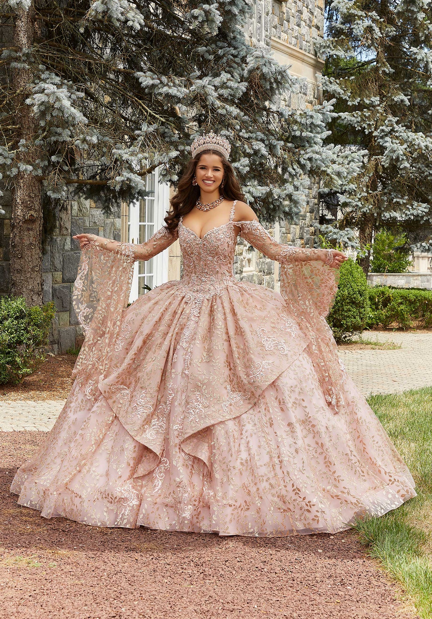11299 | Rhinestone and Crystal Beaded Patterned Glitter Quinceañera Dress