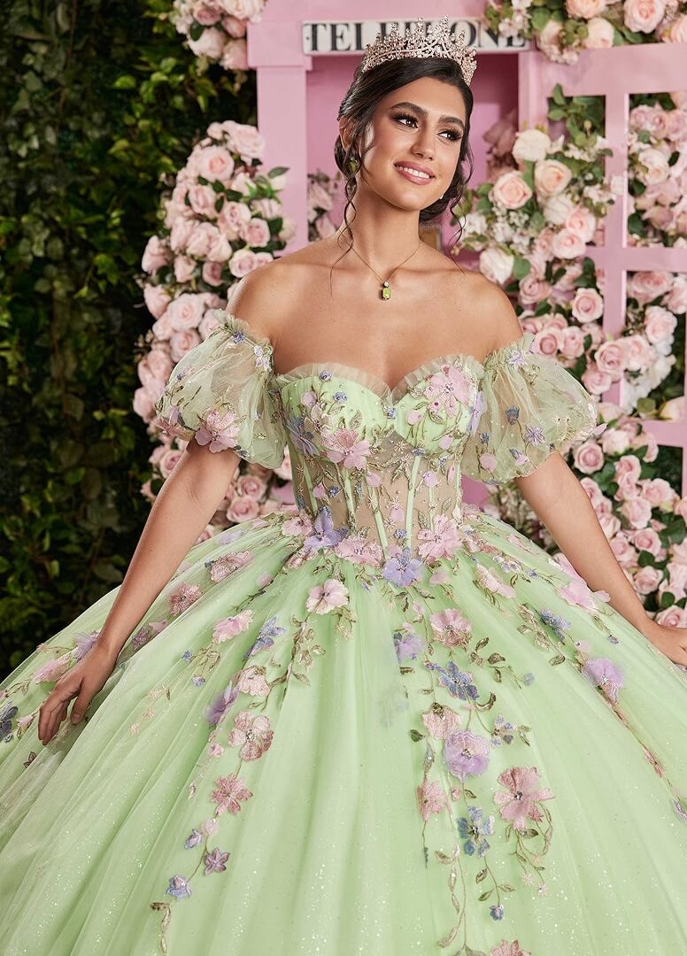 Model wearing a gown by Morilee