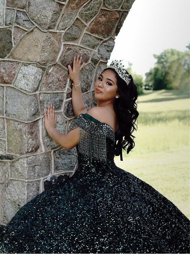 Model wearing a gray dress
