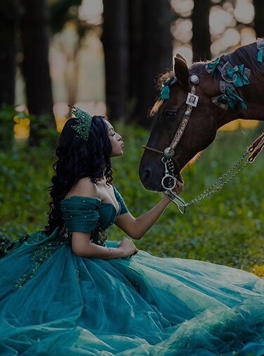 Model wearing a blue dress with horse