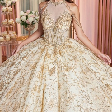 Model wearing a neutral gown